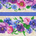 an 8x8 swatch of the border print featuring garlands of purple and pink pansies on a mottled cream background separated by a violet gingham stripe.