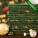 A stack of the seventeen fabrics included in the 17 FQ Bundle Green/Gold by Stof Fabrics, staged with ornaments and thread.