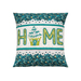 The completed Home Pillow Wrap & Cover, colored in white, teal, and green fabrics. The word "Home" is spelled out in appliqué letters and the "o" is replaced with a tree house. The project is isolated on a white background.