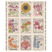 Block panel featuring vintage seed packets of popular flowers with the flower names listed along the sides on a cream background.