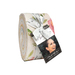 A roll of garden themed fabric strips tied with a ribbon, featuring a tag with a photo and branding.