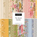 Two rows of patterned fabric swatches in cream, pink, yellow, green, and blue with a garden theme.