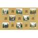 Brassy yellow fabric panel with portraits of outdoor woodland scenes centered around animals such as deer, moose, bears, owls, and ducks.