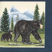 an 8x8 swatch of the dark blue panel fabric featuring a mother and cub black bear walking through a mountainous woods.