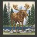 an 8x8 swatch of the black panel fabric featuring a moose by a river with tall pines and a mountain in the background.