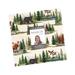 Fabric featuring woodland scenes with bears, moose, trees, and birds, labeled Northwoods Lodge.