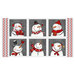 Block panel fabric featuring six cheerful snowmen dressed in red scarves and hats.