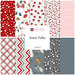 A collage of fabrics included in the Snow Folks collection with red, white, and gray winter themed fabrics.