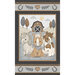 Gray fabric panel with a scene of cartoon horses in a farmyard rendered in calming neutral tones.