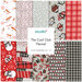 A collection of ten flannel fabric squares in red, gray, and white, featuring festive patterns.