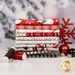 A stack of the fabrics included in The Cool Club Flannel collection, with snow and trees and ornaments and a red snowflake and thread.