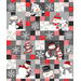 Gray flannel fabric panel with a collage of stylized winter designs, including cartoon penguins, snowmen, gingham, plaid, and snowflakes.