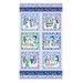 Blue panel fabric featuring six picture panels of snowmen dressed warmly in various winter scenes.