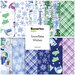 A collage of fabrics included in the Snowflake Wishes collection featuring white, green, blue, and purple fabrics with a winter theme.