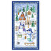 Blue panel fabric featuring snowmen dressed warmly in winter gear on a snow covered farm.