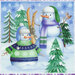 Blue fabric featuring two warmly dressed snowmen in the woods with skis and a bird.