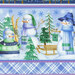 Blue panel fabric with a trio of snowmen dressed warmly  in the woods with a plaid border stripe below.