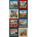 Running yardage with 8 blocks repeating, each representing a state on Route 66, with automobiles, motorcycles, and Americana motifs with navy blue, tan, and crimson borders. 