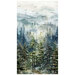 Extra-wide fabric featuring a misty mountain scene, evergreen trees, and birds soaring overhead.