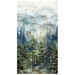 Multicolored fabric featuring a misty mountain scene, evergreen trees, and soaring birds.