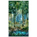 Panoramic fabric featuring a woodland scened of trees beside a pond.