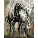 A fabric panel with two painted horses in white and ebony atop a dry brush textured tan, brown, and teal background