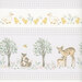 an 8x8 swatch of the panel featuring alternating gray gingham stripes with scenes of animal parents and their babies surrounded by trees and plants