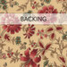 A swatch of tan fabric with an elegant, Jacobean floral pattern in rose red and tonal tan accents with small blue flowers. A banner at the top reads "Backing".