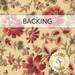 A swatch of tan fabric with an elegant, Jacobean floral pattern in rose red and tonal tan accents with small blue flowers. A banner at the top reads "Backing" and a golden Shabby Fabrics logo can be seen in the lower right hand corner.