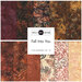 Collage of batik fabrics in the collection in mahogany, deep brown, auburn, and tan with watercolor mottling and leaf designs.