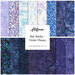 A collage of fabrics included in the Bali Batiks - Violet Waves collection with blue and violet mottled batiks.