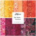A collage of fabrics included in the Sundown collection featuring batik fabrics in yellow, orange, and red.