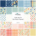 Collage of flannel fabrics in the collection with gingham, plaid, stars, suns, moons, and other cute animals in soft tones of navy, blue, turquoise, cream, pink, peach, and sunshine yellow.