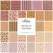 Collage of fabrics in the collection in dusty mauve, goldenrod, chestnut, and cream, with sunflowers, pumpkins, gingham, stripes, and other vintage designs.