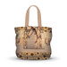 Patchwork floral tote bag with brown checkered handles and bow.