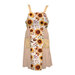 Sunflower-print sleeveless apron with gingham side panels and straps.