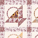 A cheater fabric with a patchwork basket design with patterns from the collection in muted wine red on a cream background. 