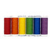 Six spools of thread in red, orange, yellow, green, blue, and purple, isolated on a white background.