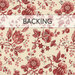 A swatch of ivory fabric with red Jacobean flowers, twisting red vines, and leaves.  A banner at the top reads "Backing". 