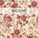  A swatch of ivory fabric with red Jacobean flowers, twisting red vines, and leaves. A banner at the top reads "Backing" and a golden Shabby Fabrics logo can be seen in the lower right hand corner.
