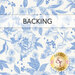 A swatch of white fabric with a design of delicate blue florals. A banner at the top reads "Backing" and a golden Shabby Fabrics sits in the bottom right corner.