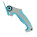 Blue and gray ergonomic rotary cutter with a textured handle and a circular blade.
