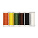 Six spools of thread sit together beneath stylized text.
