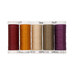 Five colorful spools of thread sit together, isolated on a white background.