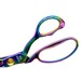 Close-up of colorful, rainbow-hued scissors with circular handles and a gold pivot screw.