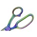 Close-up of rainbow-colored scissors with a sleek design and rounded handles.