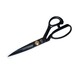 A pair of black scissors with a gold rivet, positioned with the blades open.