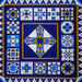A quilt featuring a geometric design in blue, white, and yellow, with various star motifs.