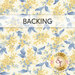 Swatch of a cream fabric with sprawling blue leaves and yellow flowers. A banner at the top reads "Backing" and a golden Shabby Fabrics logo can be seen in the lower right hand corner.
