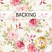 Swatch of a white fabric with sprawling pink flowers and green leaves. A banner at the top reads "Backing" and a golden Shabby Fabrics logo can be seen in the lower right hand corner.
